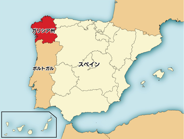 スペインの地図。ガリシア州はスペインのもっとも北西に位置している