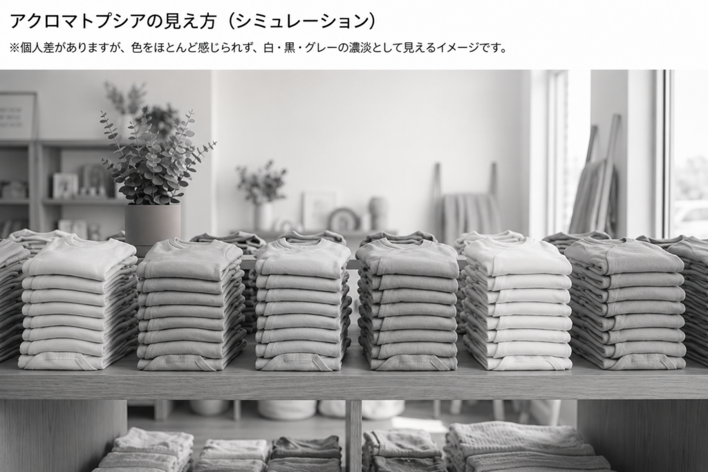 芳賀さんの見え方イメージ:売り場に並んでいる色とりどりのカットソー