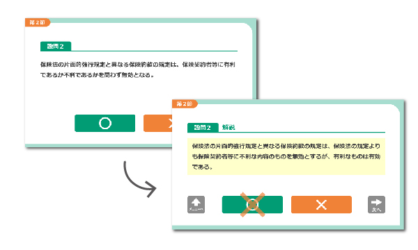 スライド。マルバツクイズとなっており、各ボタンをクリックすると正誤ページへ移動し、解説を読むことができます