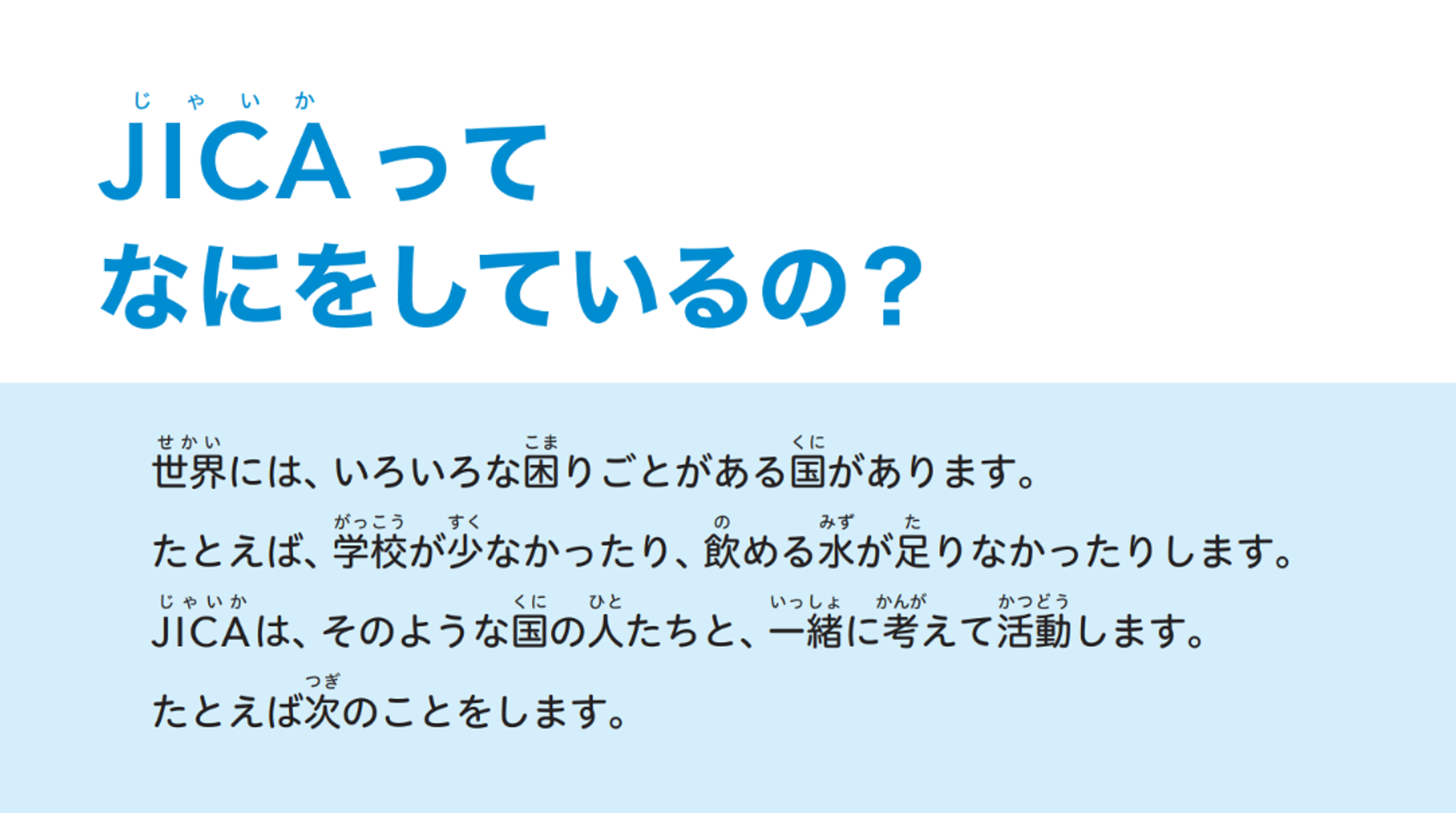 「JICAってなにをしているの？」の見出しと、ふりがなややさしい日本語の表現で、世界の課題と学校・仕事・水などの支援内容を説明したページ