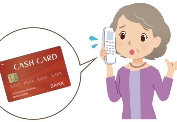 イラスト：カッシュカードをなくして電話している女性