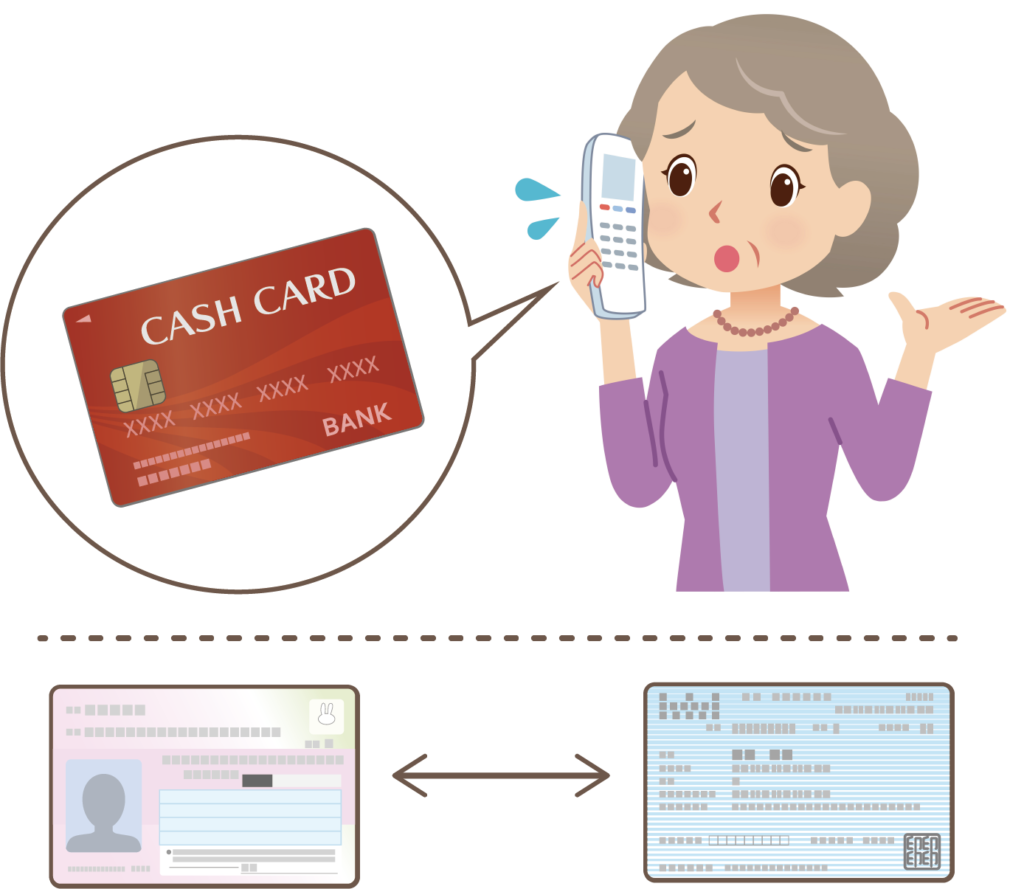 イラスト：キャッシュカードをなくして電話する女性
