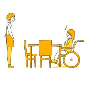 机に備え付けの椅子を片付けて、車椅子のまま着席できるスペースを確保しているイラスト
